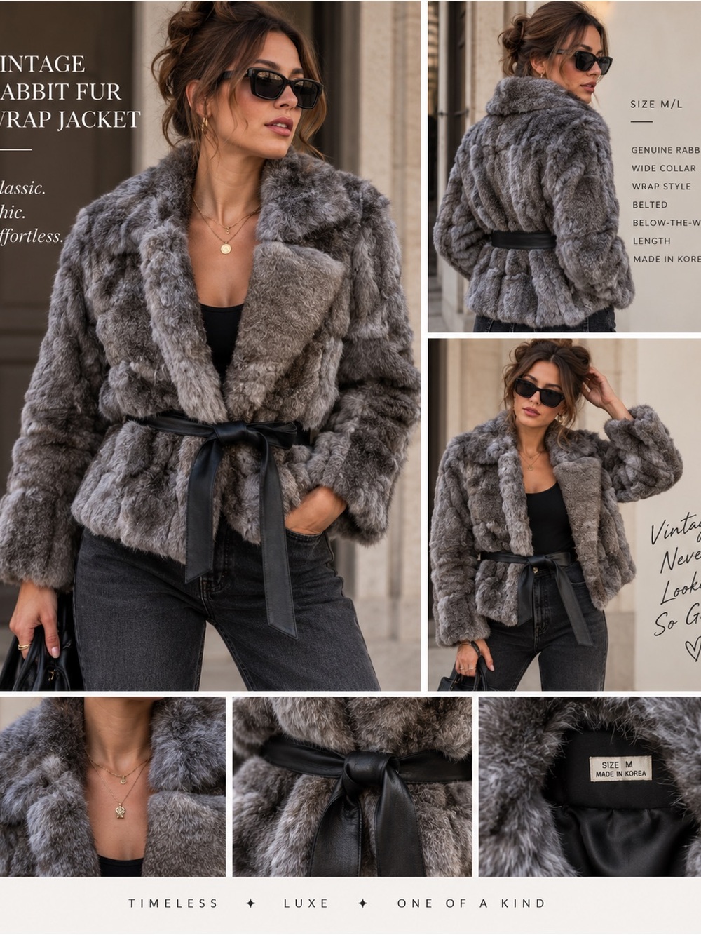 Vintage Rabbit Fur Wrap Coat – Wide Collar – Belted – Women’s M/L